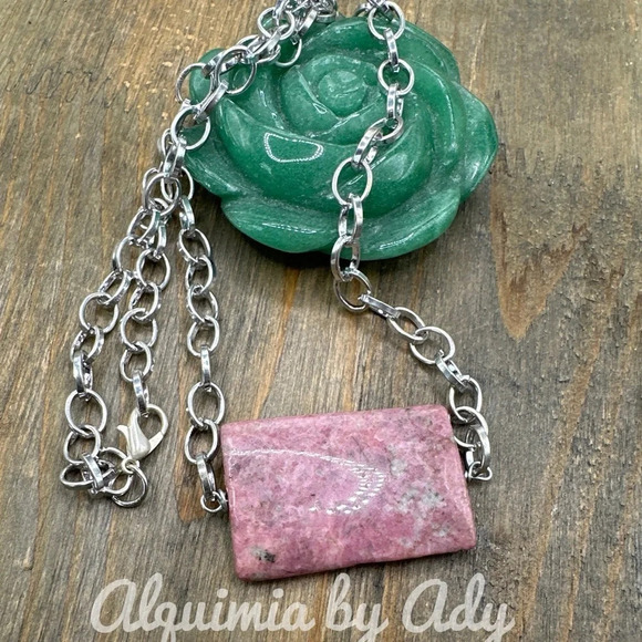 Rhodonite maxi huge baguette silver statement chunky necklace - Picture 2 of 2